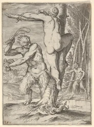 Un satiro frusta una ninfa, raffigurata di spalle e legata a un albero, un secondo satiro..., ca. 1590-95