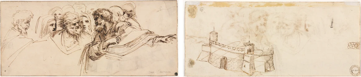 Studio di teste (recto); Fortezza merlata (verso)