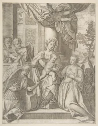 Il matrimonio mistico di Santa Caterina che siede al centro con il Bambino Gesù, angeli..., 1585