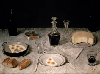 Natura morta con uova, pane, formaggio e vino