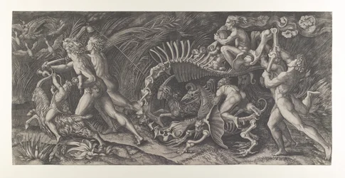 Lo Stregozzo: una strega femmina che cavalca uno scheletro di animale, preceduta da due uomini (ca. 1515-25)