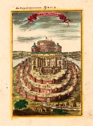 La fortezza e i giardini pensili della regina leggendaria Semiramide a Babilonia - Incisione su rame e acquerello di Alain Manesson Mallet