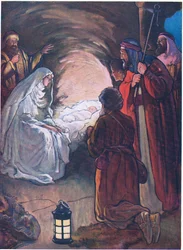 Gesù bambino e i pastori, da The Bible Picture Book pubblicato da Thomas Nelson, 1950 circa (litografia a colori)