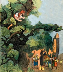 Ali Baba ascolta un gruppo di quaranta ladroni che visitano il loro tesoro, illustrazione di Albert Robida per Ali Baba e i quaranta ladroni, 1945, collezione privata