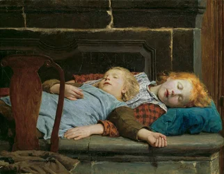 Due ragazze addormentate sulla panca della stufa di Anker, Albert (1831-1910)