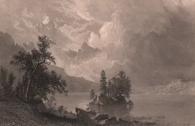 Vista del Lago Esther, Sierra Nevada, California, Stati Uniti, incisione su acciaio di Robert Hinshelwood dopo un dipinto di Albert Bierstadt