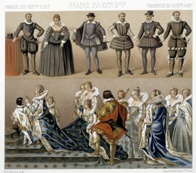 Costumi della regina Margherita di Francia (in basso) e di Enrico IV (in alto) nei secoli XVII e XVIII. Illustrazione in "Il costume storico" di Racinet