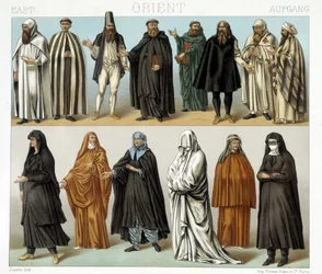 Costumi di monaci e religiosi in Medio Oriente nel XIX secolo. Illustrazione in “Il costume storico” di Racinet
