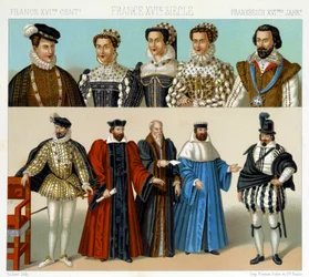Costumi di nobili e magistrati in Francia nel XVII secolo. Tavola cromolitografica - in "Le costume historique" di Racinet