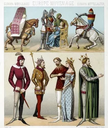 Costumi del Medioevo in Francia. Illustrazione in "Le costume historique" di Racinet