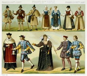Costumi della nobiltà e costumi popolari della Francia nel XVI secolo. Tavola cromolitografica - in "Il costume storico" di Racinet