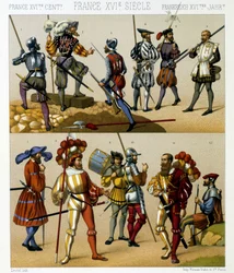 Costumi militari francesi nel XVI secolo. Tavola cromolitografica - in "Le costume historique" di Racinet