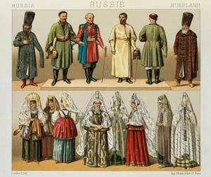 Abito storico del popolo russo, illustrazione da The Complete Costume History di Racinet Auguste