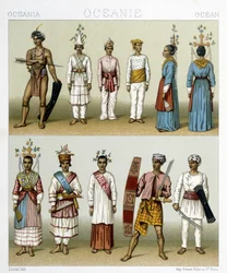 Abitanti delle isole Celebes in Indonesia. Illustrazione in "Le costume historique" di Racinet