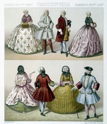 Uomini e donne con costumi alla moda del XVIII secolo in Francia. Illustrazione in "Le costume historique" di Racinet