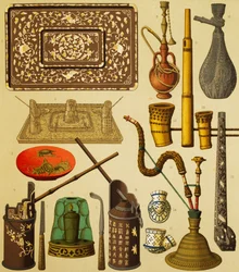 Pipa e oggetti usati dai fumatori, litografia da The Complete Costume History, primo volume
