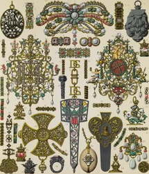 Gioielli del XVII secolo, litografia di Schmidt pubblicata in Le costume historique, Volume V