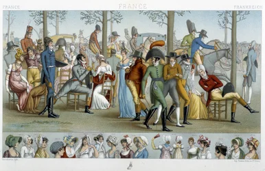 I borghesi che camminano verso Longchamp, inizio XIX secolo - in "Le costume historique" di Racinet