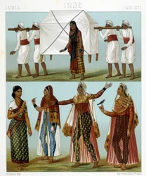 Trasporti e costumi femminili tradizionali. Illustrazione in "Le costume historique" di Racinet