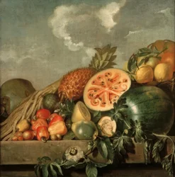 Natura morta con ananas, melone e altri frutti tropicali