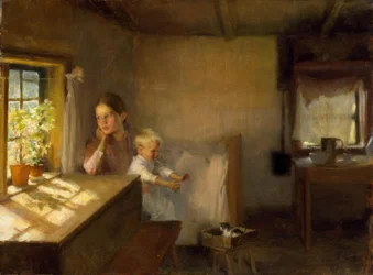 Donna con bambino in un interno soleggiato