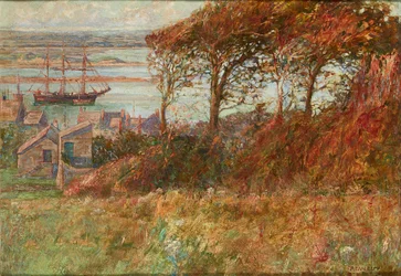 Boschetto sopra il porto in autunno (olio su tela)