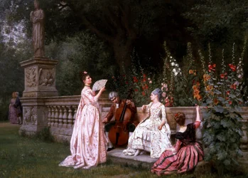 Conversazione in giardino. Tre donne vicino a una balaustra ascoltano la musica di un violoncellista, mentre in fondo al giardino una coppia conversa (seduzione). Dipinto di Albert Girard (1839-1920 francese) Collezione privata