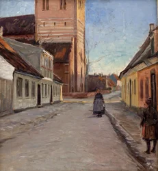 Strada a Køge con la chiesa di Nicolai a sinistra