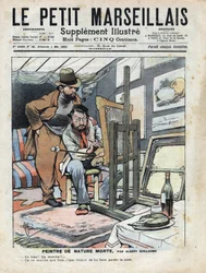 Un pittore in una soffitta dipinge nature morte, la bottiglia di vino e la torta usate come modello non stanno ferme. Illustrazione di Albert Guillaume (1873-1942) da "Le petit Marseillais" 04/05/1902
