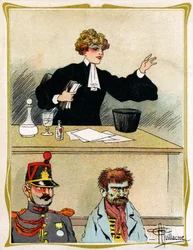 Una donna avvocato con un bel viso, difende il suo cliente con pazienza. Pubblicità, incisione 1902-1903