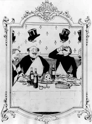 Quattro uomini che bevono durante un pasto in un ristorante - disegno di Guillaume in "Memoria di un ghiaccio", n.d.