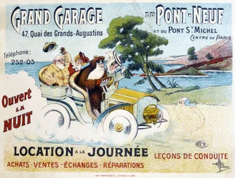 Grand Garage du Pont-Neuf: noleggio, lezioni di guida, acquisto, vendite, riparazioni - Manifesto pubblicitario di Albert Guillaume (1873-1942), circa 1900