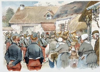 Banda militare in un villaggio in "Album militare" di Albert Guillaume (1873-1942), circa 1900
