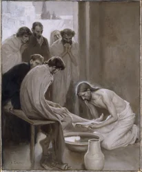 Le Christ lavant les pieds de ses disciples (Cristo che lava i piedi dei discepoli), di Edelfelt, Albert Gustaf Aristides (1854-1905). Grisaille