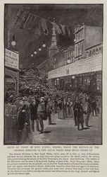 Scena notturna in King Street, Sydney, mentre venivano affissi i risultati delle elezioni generali nel Nuovo Galles del Sud