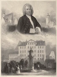 Ritratto di Johann Sebastian Bach, monumento di Bach e chiesa e scuola di San Tommaso a Lipsia, c. 1860