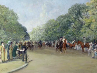 Veduta di Hyde Park con figure su Rotten Row