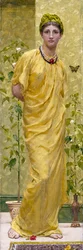 "Rapsodia in giallo con farfalla" Rapsodia in giallo con farfalla. Giovane donna drappeggiata di giallo. Dipinto di Albert Joseph Moore (1841-1893) (preraffaellita) Collezione privata