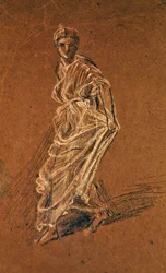 Studio di una ragazza che avanza indossando un lungo vestito, c.1870