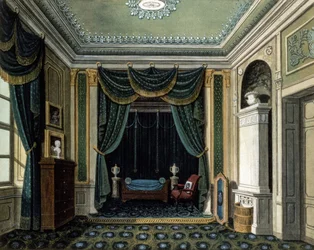 Interno con alcova per dormire (litografia a colori)