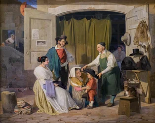 Contadini romani comprano un cappello per il loro figlioletto, che diventerà abate