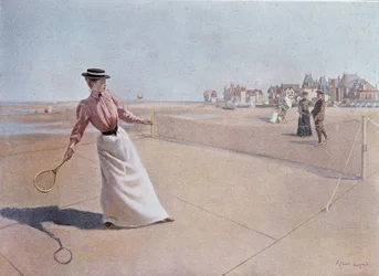 Partita di tennis amatoriale sulla spiaggia - disegno, XX secolo