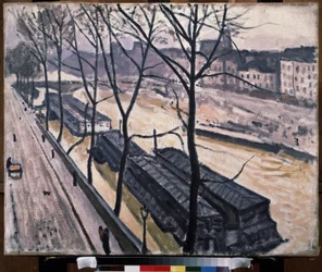 ""Parigi in inverno, quai Bourbon"" (Parigi in inverno. Quai Bourbon) Chiatte sui moli della Senna. Dipinto di Pierre Albert Marquet (1875-1947) 1907 Olio su tela. Fauvismo. Mosca. Museo delle Belle Arti Pushkin