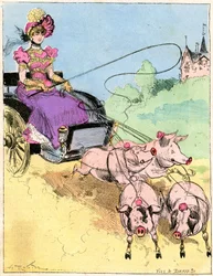 Disegno di Albert Robida (1848-1926) sulla copertina del Mondo Comico n. 296 (inizio XX secolo) - Nuovo attacco molto elegante per piccole uscite in campagna - Giovane donna che guida un carro di maiali (maiali)