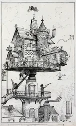 Disegno mostra una struttura abitativa elevata sopra i tetti e progettata per ruotare e adattarsi in varie direzioni, disegno di Albert Robida c. 1883