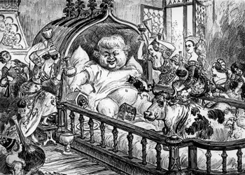 Grandi e inestimabili cronache del grande e enorme gigante Gargantua opera anonima che ispirò François Rabelais per "Pantagruel" nel 1532, incisione di Albert Robida: qui Gargantua da bambino