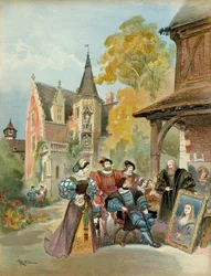 Il re Francesco I (1494-1547) acquista la Gioconda da Leonardo da Vinci (1452-1519), vicino al castello reale di Amboise, tra il 1516 e il 1519. Illustrazione