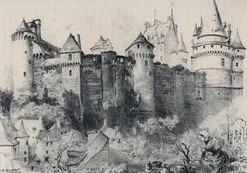 La Chateau fort de Vitre en Ille-et-Vilaine - La vieille France - La Bretagne - testo, disegni e litografie di Albert Robida (1848-1926) fine XIX secolo