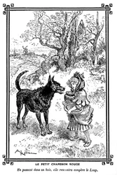 Cappuccetto Rosso, con la sua torta e il barattolo di burro, incontra il Lupo. Disegno di Albert Robida (1848-1926) in un libro di letture per bambini 1920-1930
