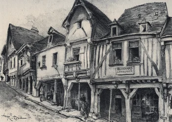Rue Poterie a Fougeres nel dipartimento di Ille-et-Vilaine - La vieille France - La Bretagne - testo, disegni e litografie di Albert Robida (1848-1926)